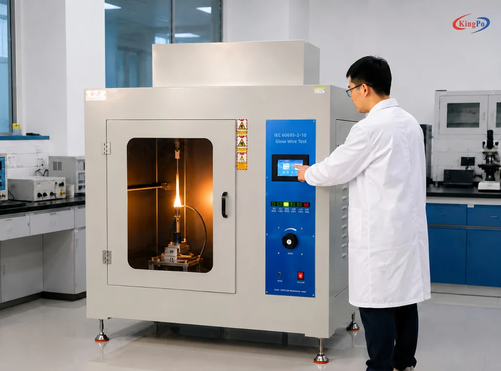 Laboratory technician operating the IEC 60695-2-10 Glow Wire Tester during material flammability testing – KingPo