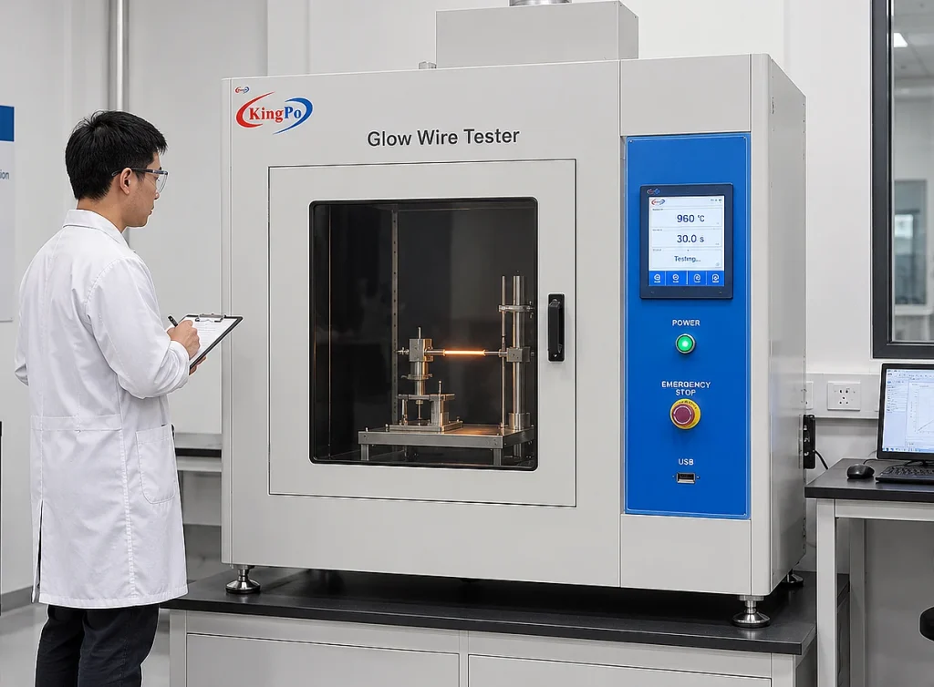 Glow Wire Test Guide: IEC 60695 Procedure, GWFI, GWIT and GWEPT 1 Engineer monitoring an enclosed glow wire test chamber for IEC 60695 fire hazard testing