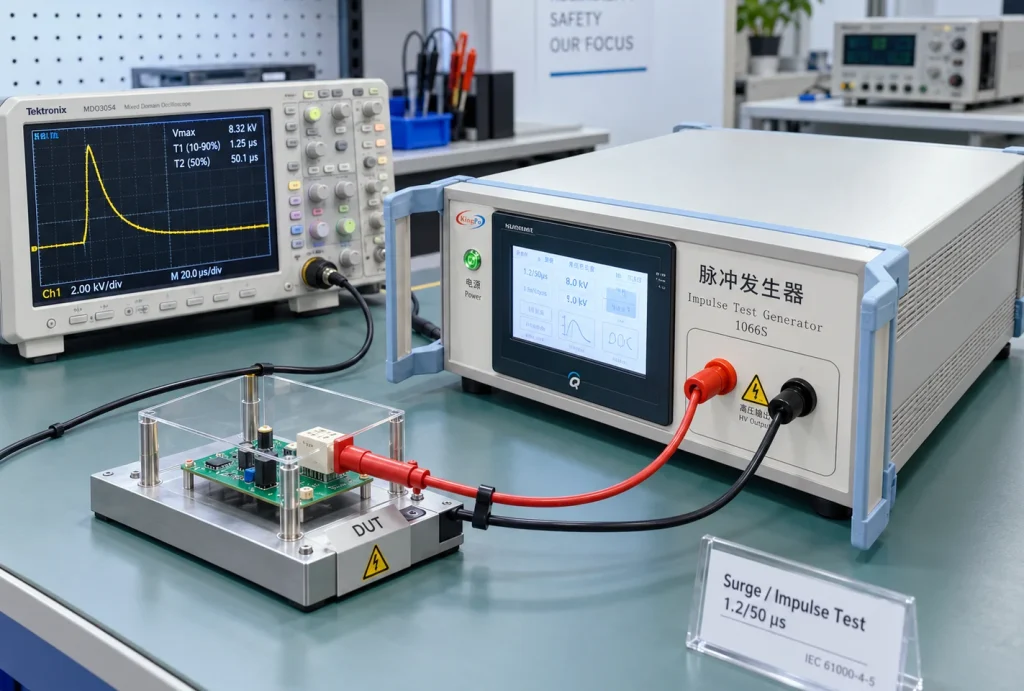 Impulse Test Generator for IEC 62368-1: Waveforms, Test Circuits and DUT Loading 1 IEC 62368-1 impulse test generator connected to a DUT and oscilloscope for impulse voltage testing