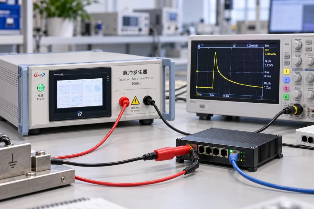 Impulse Test Generator for IEC 62368-1: Waveforms, Test Circuits and DUT Loading 2 IEC 62368-1 impulse test generator connected to network equipment for external circuit transient testing