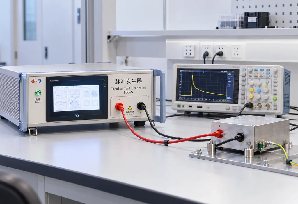 Impulse Test Generator for IEC 62368-1: Waveforms, Test Circuits and DUT Loading 3 Impulse test generator with oscilloscope monitoring an impulse voltage waveform during DUT testing