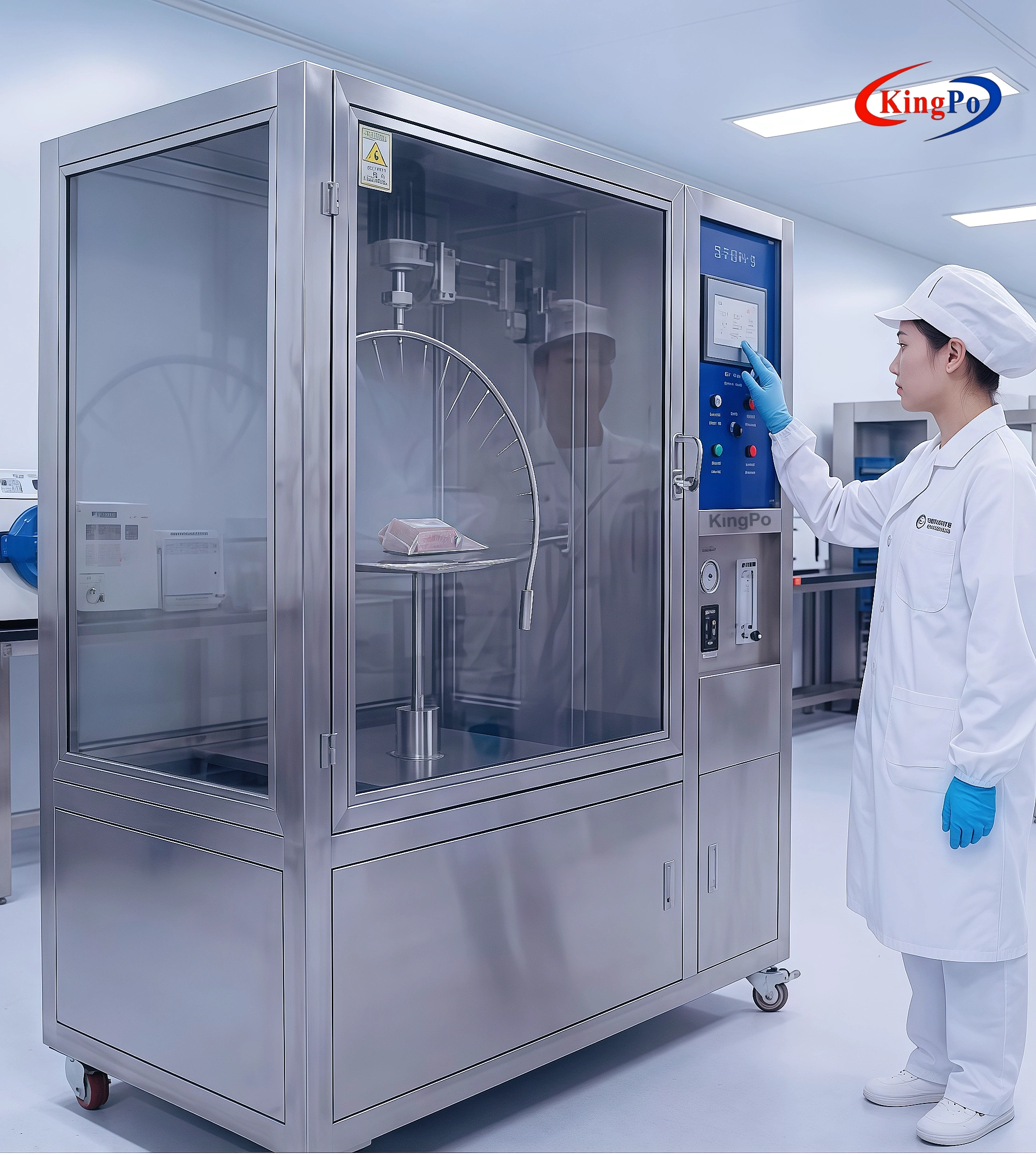 IPX3 IPX4 Test Chamber – KingPo Water Splash Test in Progress on Automotive Parts and Electrical Enclosures for IEC60529 IPX3 IPX4 Compliance Verification