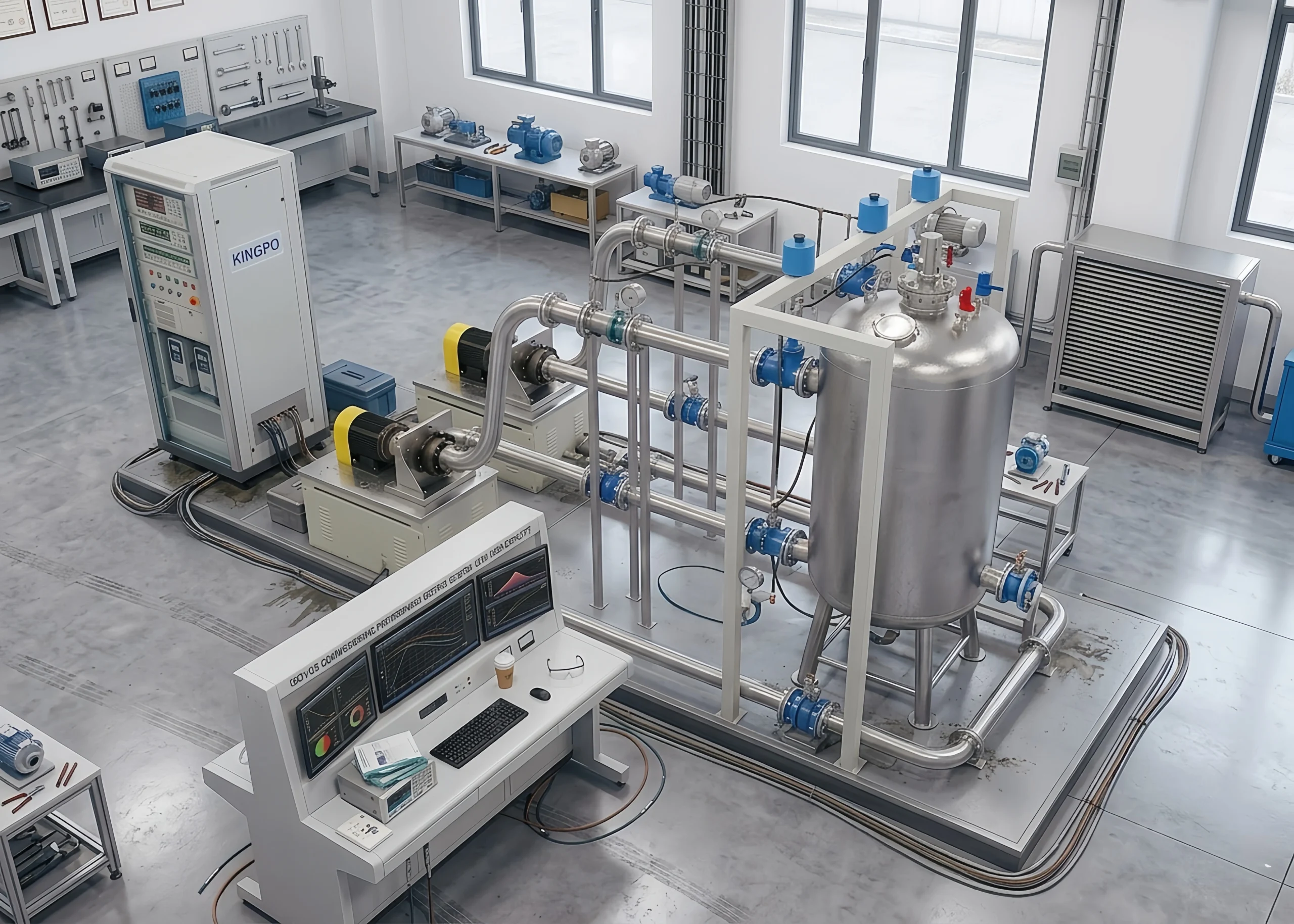 ISO9906 Water Pump Performance Testing System Sensors – KingPo Flow and Pressure Sensors with Ф25/40/50 mm Pipe Diameters for Accurate H-Q, P-Q, η-Q Curve Generation