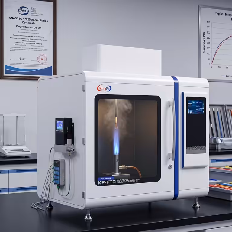 Chinese engineer operating KingPo IEC 60332-1-2 Cable Flammability Test equipment with digital mass flow controller