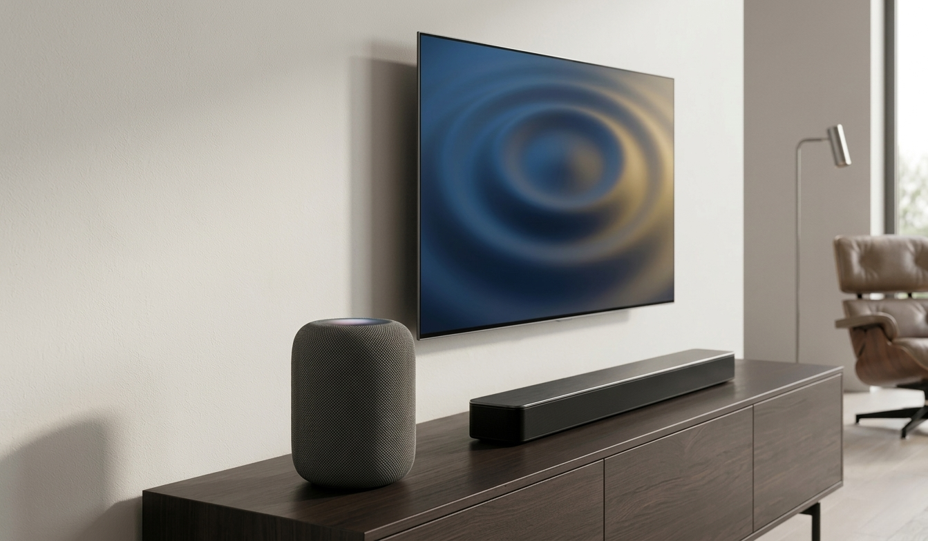 High-end smart speaker and soundbar on a minimalist media console, representing IEC 62368-1 Annex E acoustic testing applications.