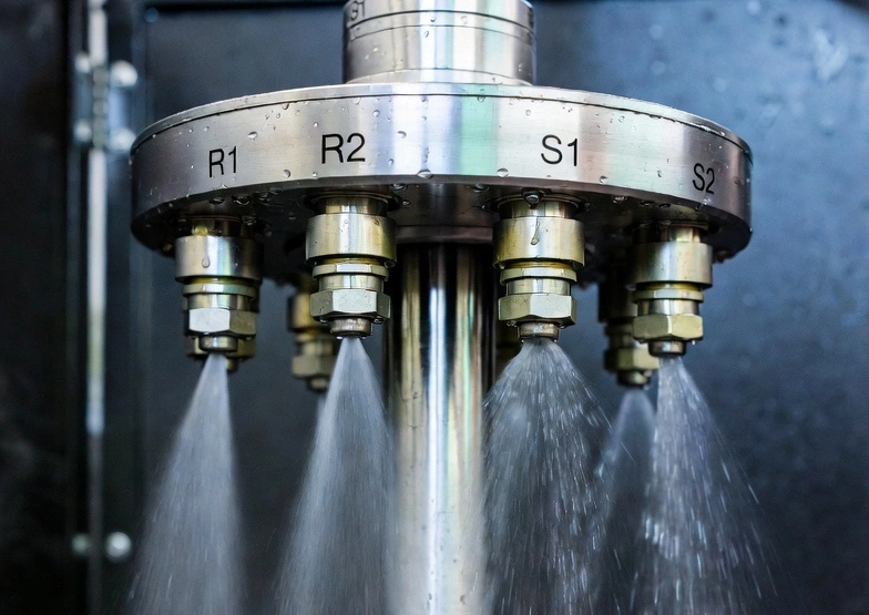 How to Perform Rain Spray Test Chamber Testing for JIS D0203 Automotive Waterproof Compliance? 3 Close-up of the precision rain test spray head with R1/R2 and S1/S2 nozzles actively spraying fine water mist in a controlled pattern inside the rain spray test chamber, stainless steel material, visible water droplets, sharp focus, high-detail technical product photography.