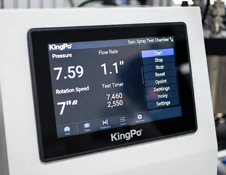 How to Perform Rain Spray Test Chamber Testing for JIS D0203 Automotive Waterproof Compliance? 4 Close-up of the 7-inch color touchscreen control panel on the KingPo Rain Spray Test Chamber showing real-time pressure, flow rate, rotation speed and test timer in English menu, modern UI, sharp focus, technical detail.