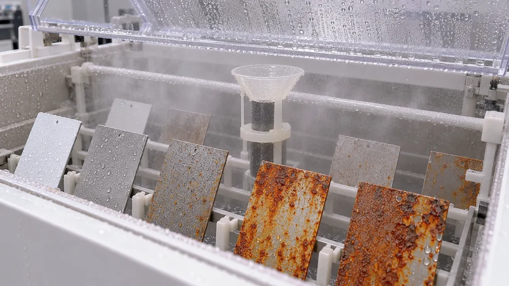 Salt Fog vs Salt Spray Test: What’s the Difference? ASTM B117 & ISO 9227 Explained 2 Metal test panels exposed to salt fog inside a corrosion test chamber