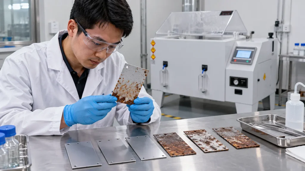 Salt Fog vs Salt Spray Test: What’s the Difference? ASTM B117 & ISO 9227 Explained 4 Engineer evaluating corroded metal panels after salt spray testing