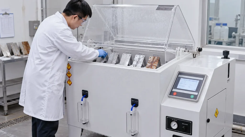 Salt Fog vs Salt Spray Test: What’s the Difference? ASTM B117 & ISO 9227 Explained 1 Engineer inspecting metal specimens inside a salt spray test chamber for corrosion testing