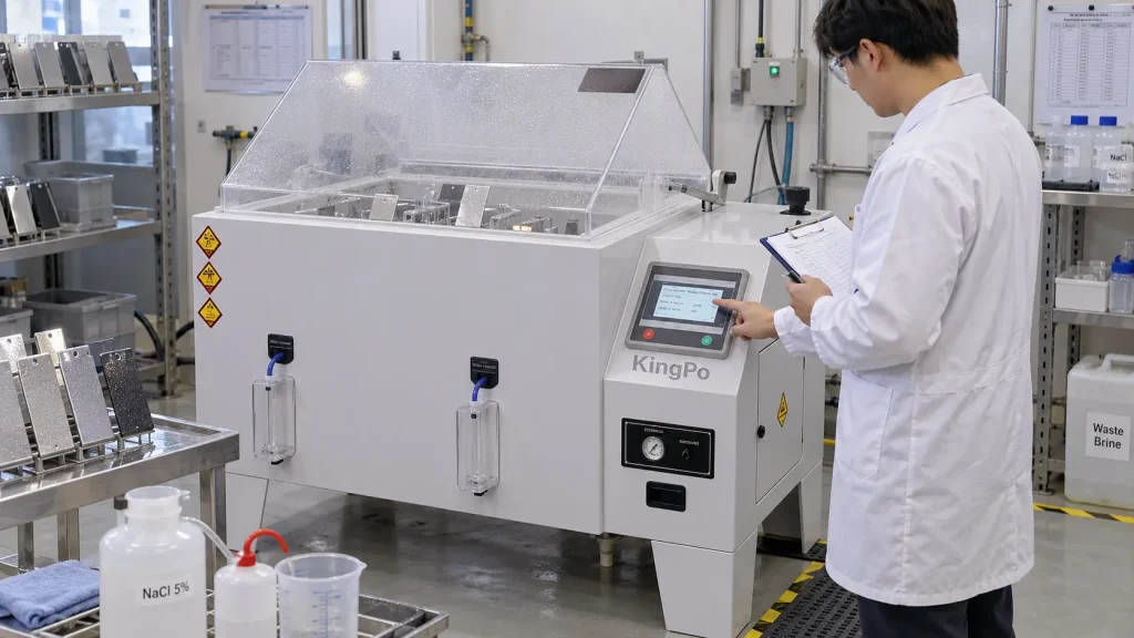 Salt Fog vs Salt Spray Test: What’s the Difference? ASTM B117 & ISO 9227 Explained 3 Technician operating a salt spray test chamber and recording corrosion test parameters