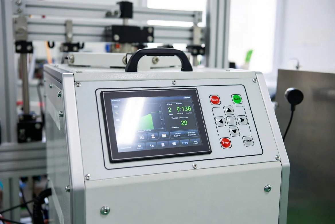Close-up of KingPo Sand and Dust Test Chamber touchscreen control interface in laboratory.