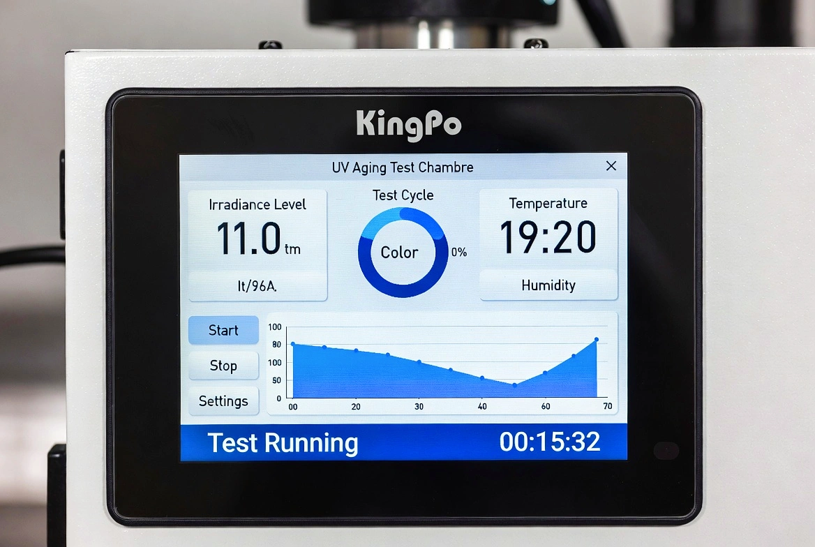 Real-time data monitoring screen of KingPo UV Aging Test Chamber showing irradiance, temperature and humidity.