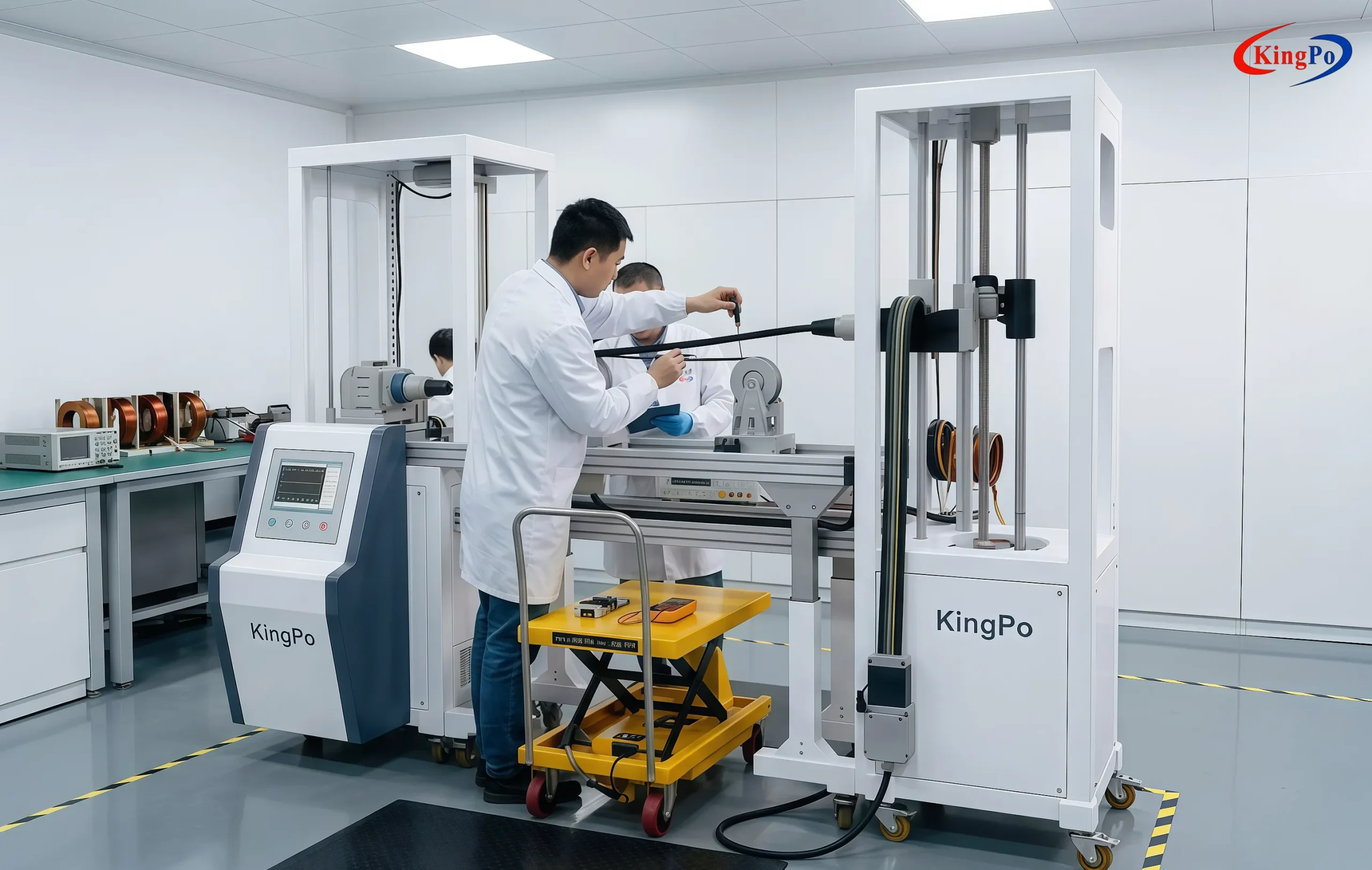 Cable Anchorage Pull Force Tester – Laboratory Operator Installing EV Charging Station Cable into Universal Fixture for IEC 61851-23 Pull Force and Torque Test