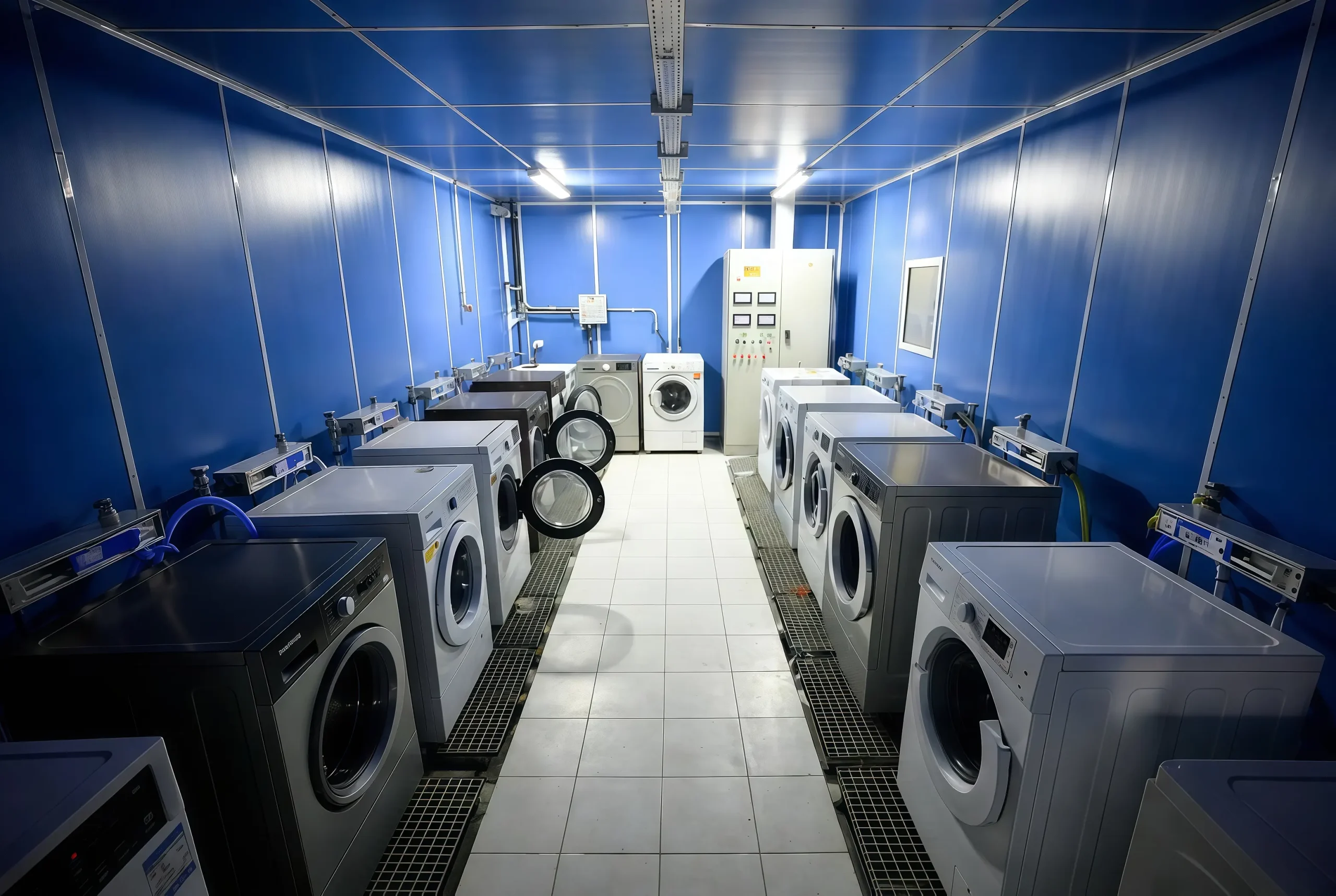 Washing machine inside KINGPO energy efficiency test chamber during IEC 60456 testing.