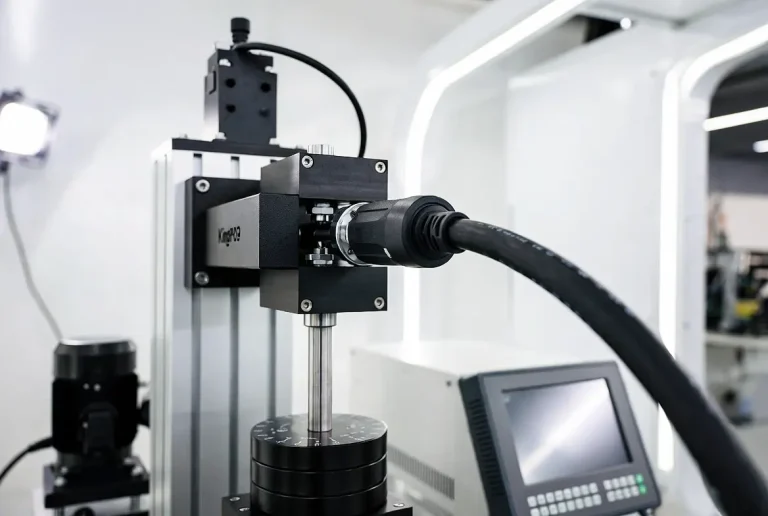 KingPo EV charger tester with real EV charging cable in modern laboratory.