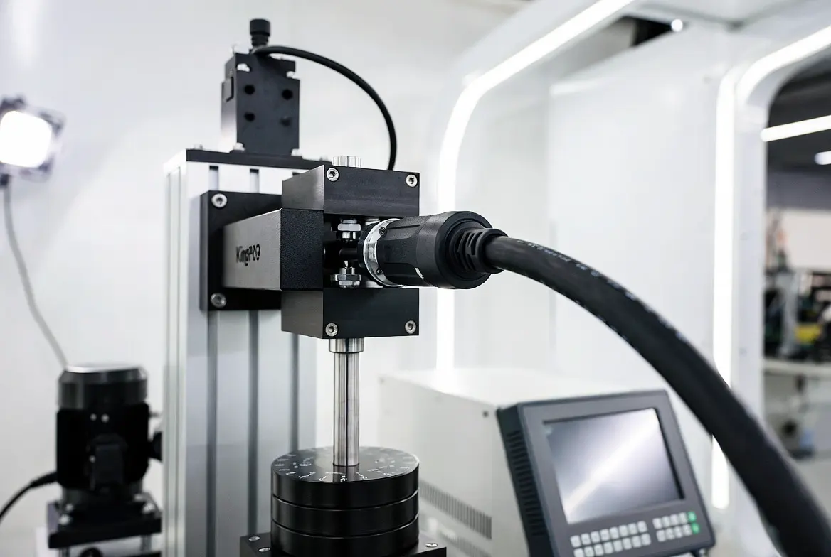 KingPo EV charger tester with real EV charging cable in modern laboratory.