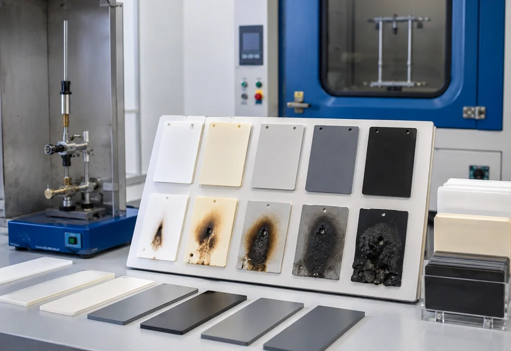 Glow Wire Test vs Insulation Resistance, Hipot and Needle Flame Tests: Key Differences 4 Polymer material samples showing different levels of burning and fire damage after flammability testing