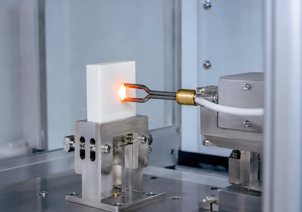 Glow Wire Test vs Insulation Resistance, Hipot and Needle Flame Tests: Key Differences 1 Glow wire test applying a heated element to a polymer sample according to IEC 60695-2-10