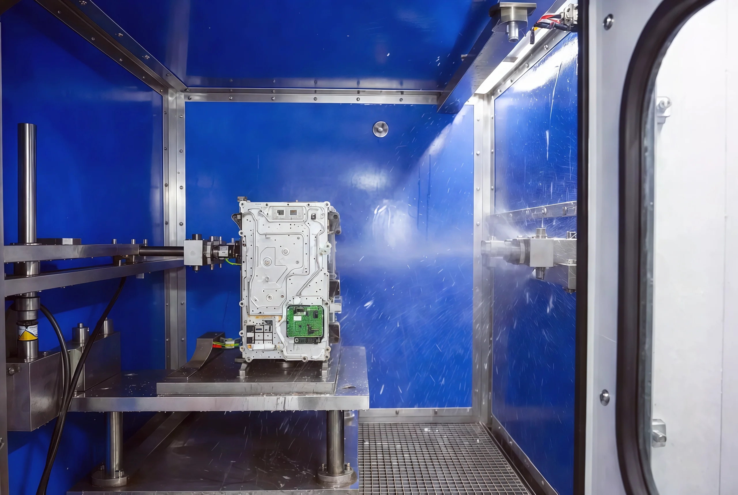 LV 124 K-12 ice water splash thermal shock test in progress – simulating real-world puddle exposure for automotive parts.