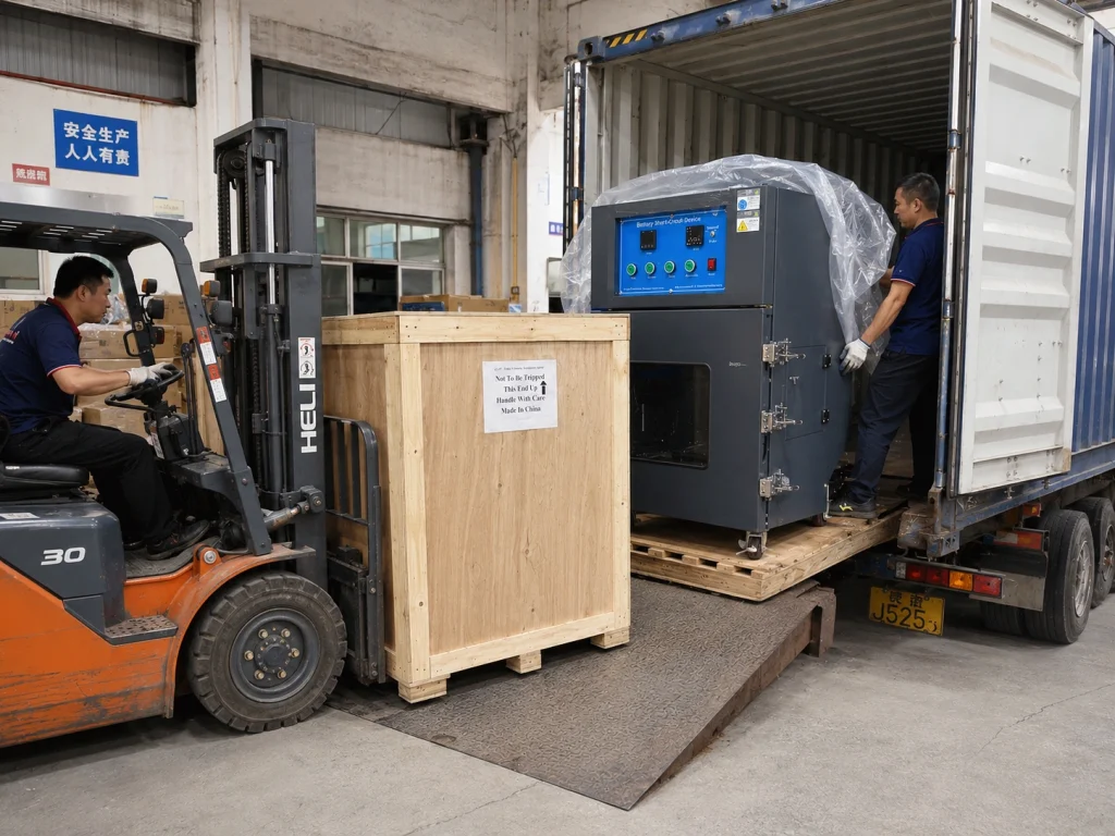 IEC 60335-1 Clause 19 Battery Short Circuit Tester Delivered to TSK Corporation in Korea 1 IEC 60335-1 Clause 19 Battery Short Circuit Tester being loaded for shipment with plywood packing crate and forklift handling.