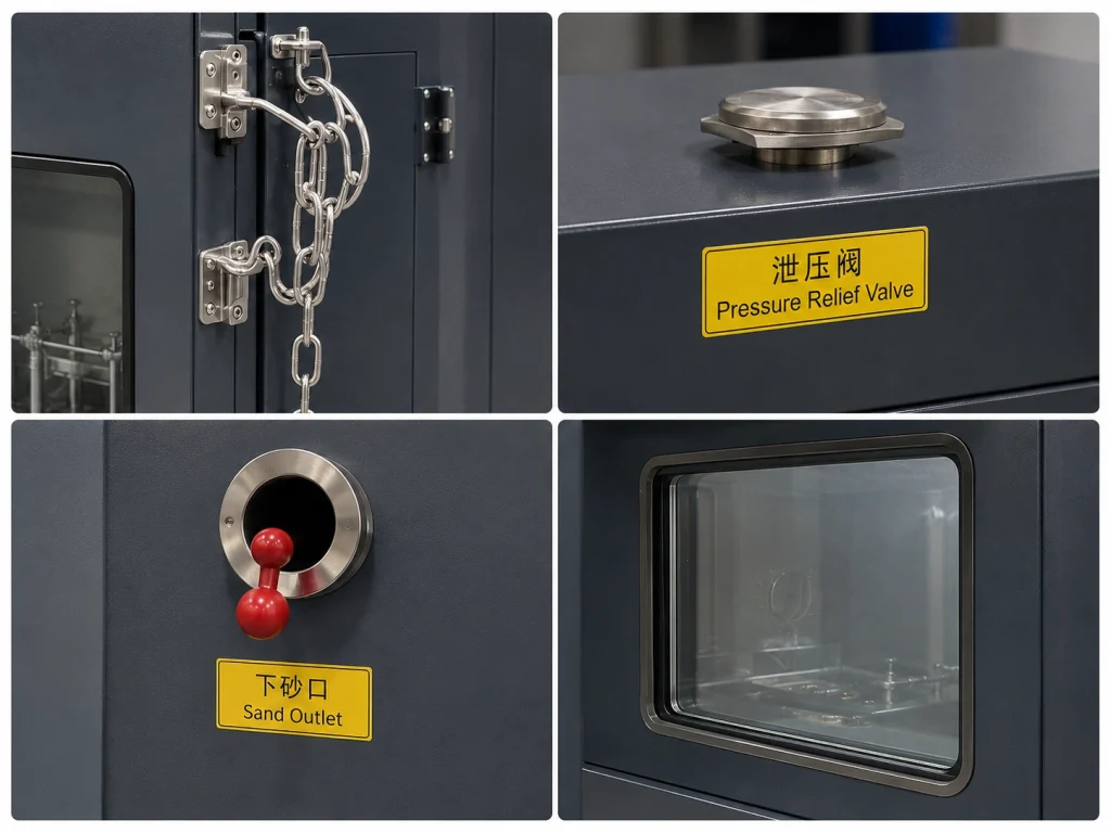 IEC 60335-1 Clause 19 Battery Short Circuit Tester Delivered to TSK Corporation in Korea 2 Safety features of IEC 60335-1 Clause 19 Battery Short Circuit Tester, including explosion-proof chain, pressure relief valve, sand outlet and observation window.