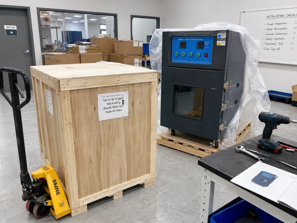 IEC 60335-1 Clause 19 Battery Short Circuit Tester Delivered to TSK Corporation in Korea 3 IEC 60335-1 Clause 19 Battery Short Circuit Tester prepared with plywood packing crate for laboratory shipment.