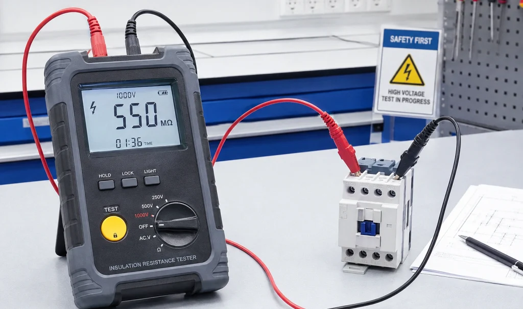 Glow Wire Test vs Insulation Resistance, Hipot and Needle Flame Tests: Key Differences 2 Insulation resistance test on an electrical component using a high-voltage insulation resistance tester