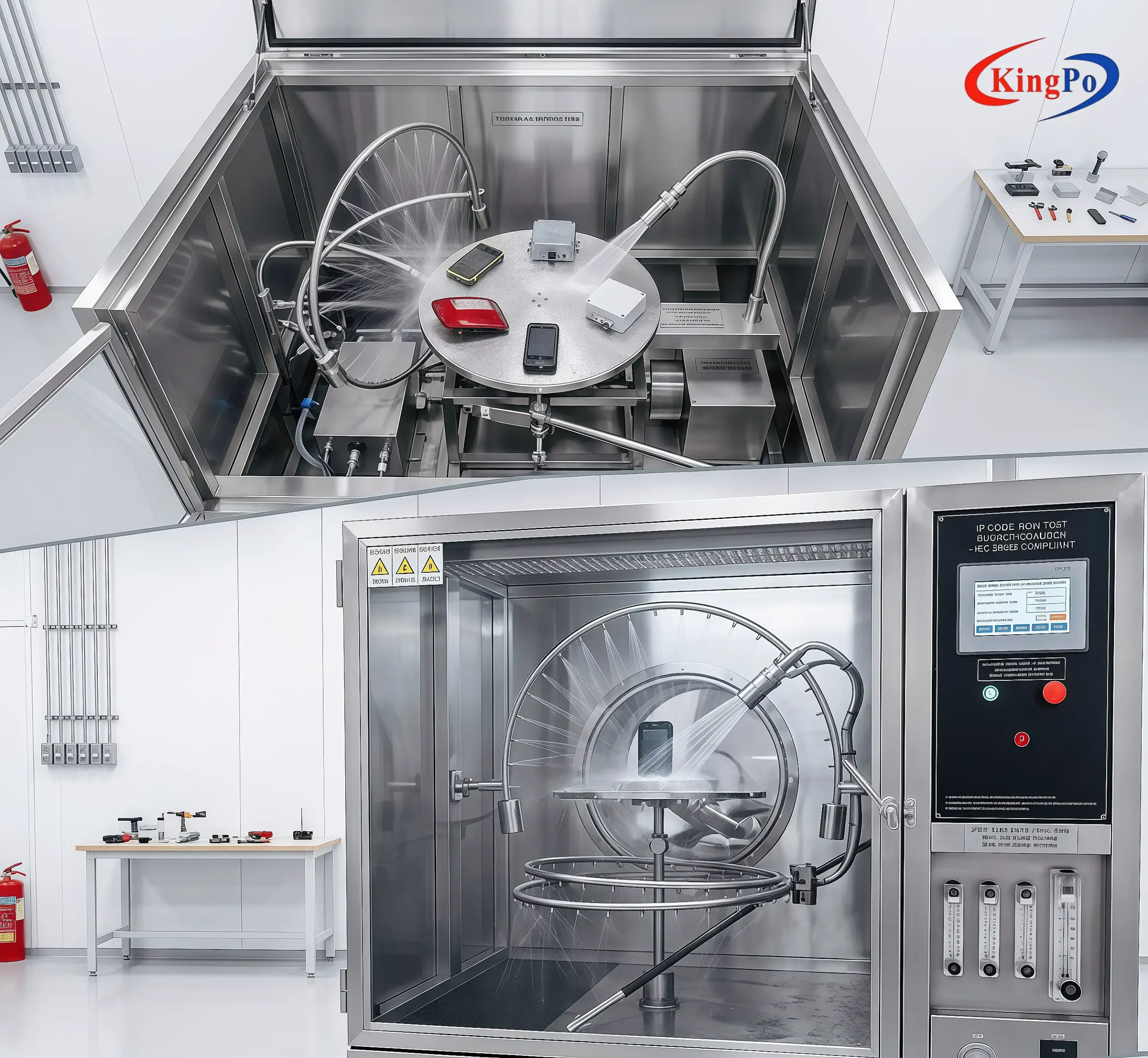 IP Code Waterproof Rain Test Chamber Control Panel – KingPo PLC Touchscreen with Real-Time Flow, Pressure and Test Cycle Monitoring for IEC 60529 Compliance