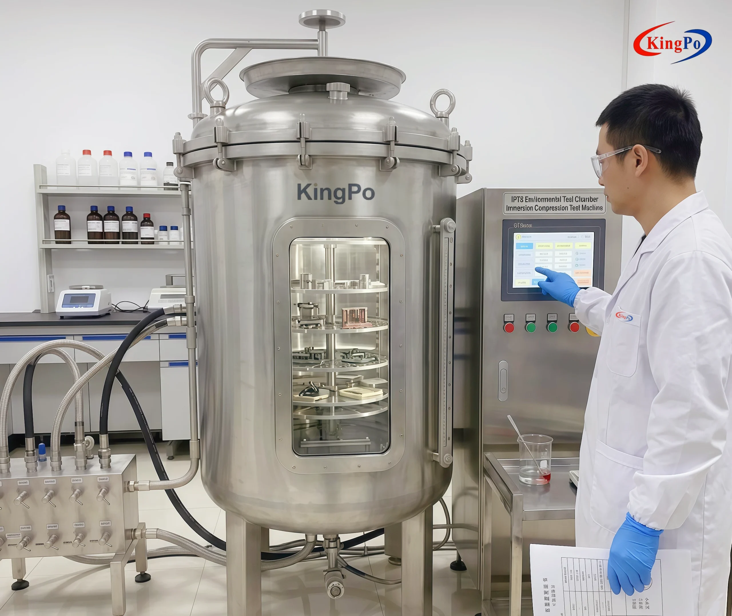 IPX7 8 water immersion test โ KingPo Technician Setting Digital Pressure and Timer on Control Panel for Precise IPX7/IPX8 Immersion Compression Test per IEC 60529