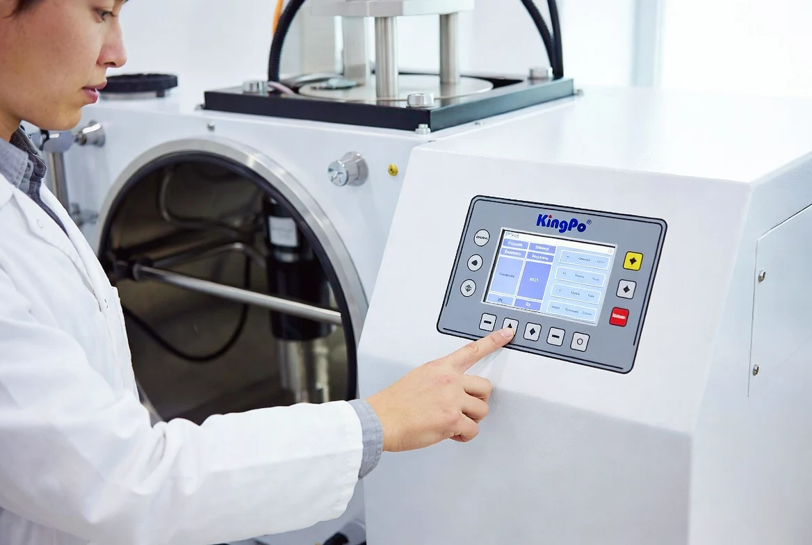 Technician operating KingPo IPX8 Water Immersion Test Chamber control panel in real lab.