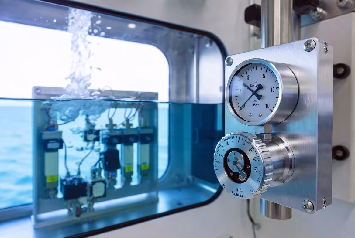 How to Choose IPX8 Water Immersion Test Equipment 2 KingPo IPX8 Water Immersion Test Chamber pressure gauge with marine underwater testing context.