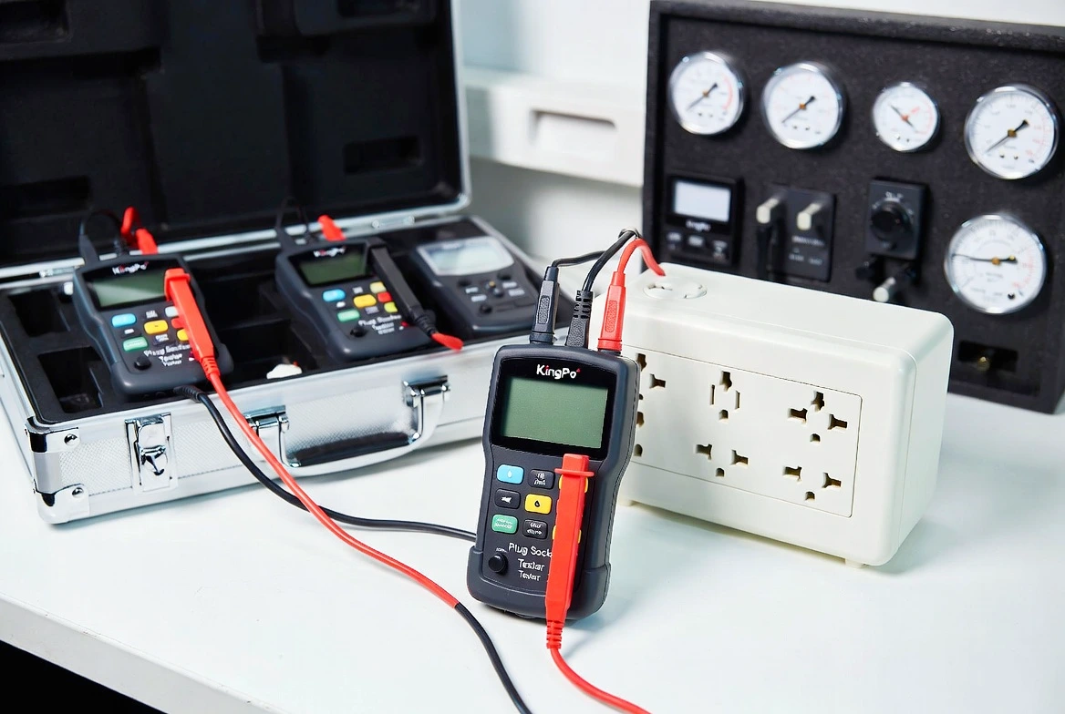 Kingpo Plug Socket Tester performing safety and compliance test on electrical socket.
