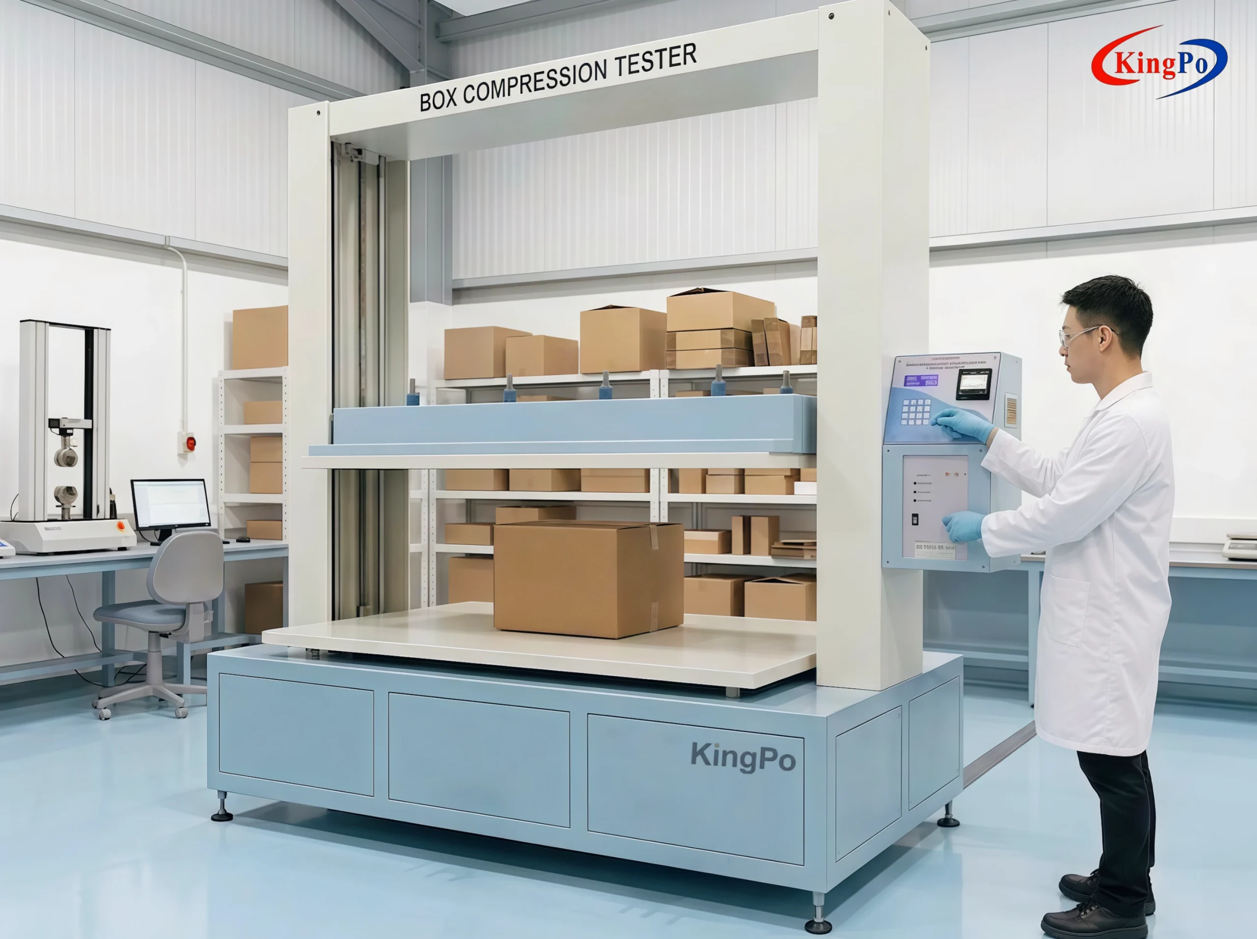 Box Compression Tester – Laboratory Operator Performing Stacking Test on Transport Packaging