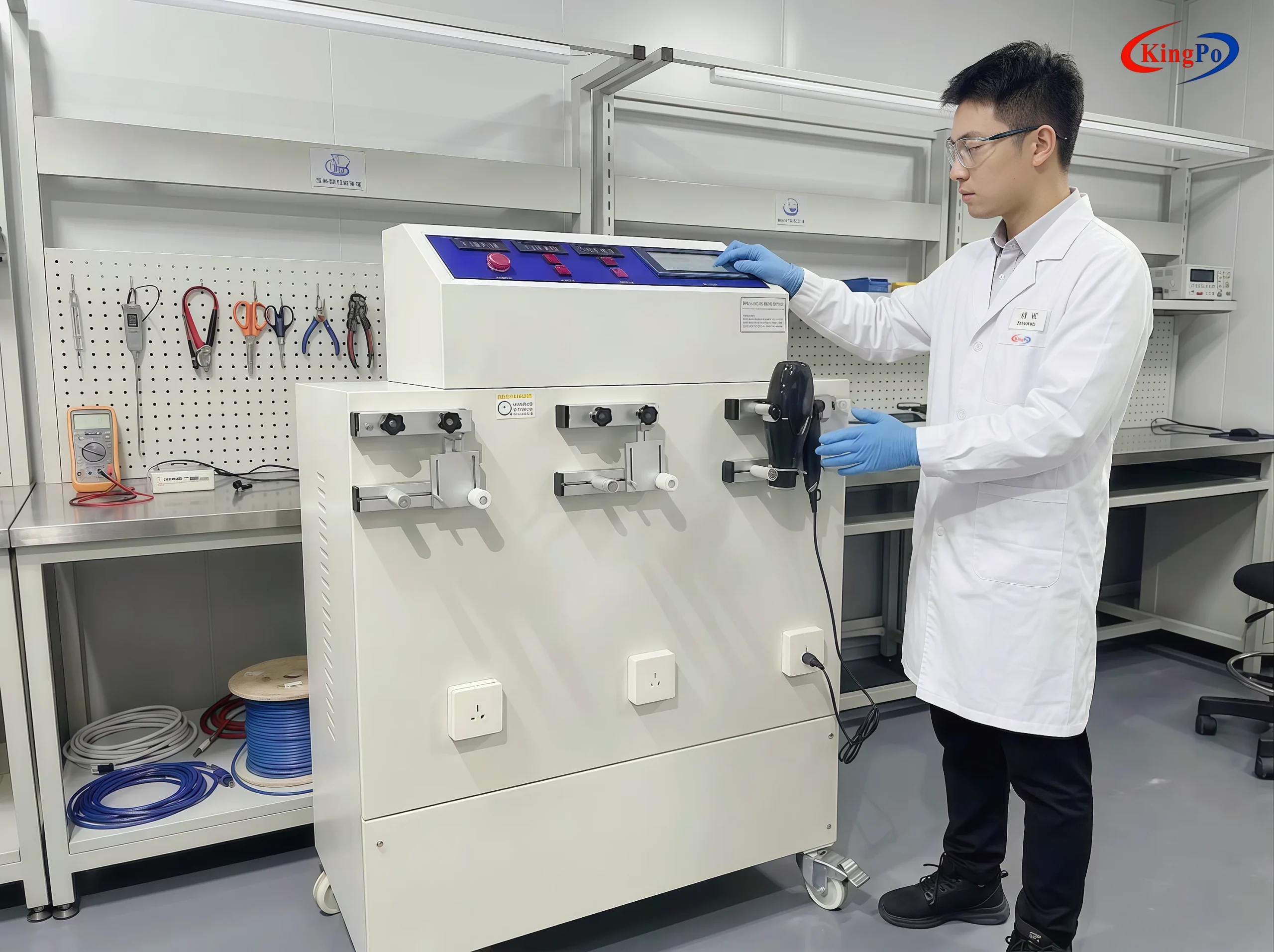 Hinge Endurance Tester โ Laboratory Operator Performing UL 859 and UL 1727 Hinge Endurance Test