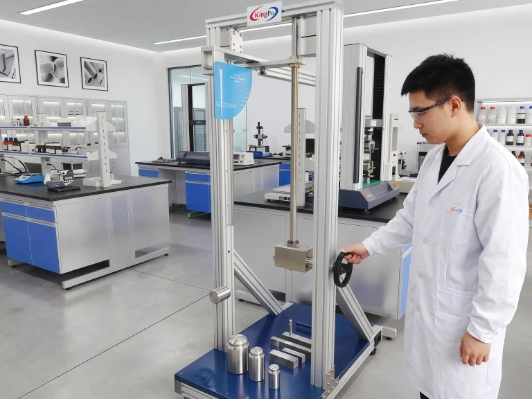 Pendulum Impact Hammer – Laboratory Operator Performing IEC 60068-2-75 Enclosure Impact Test
