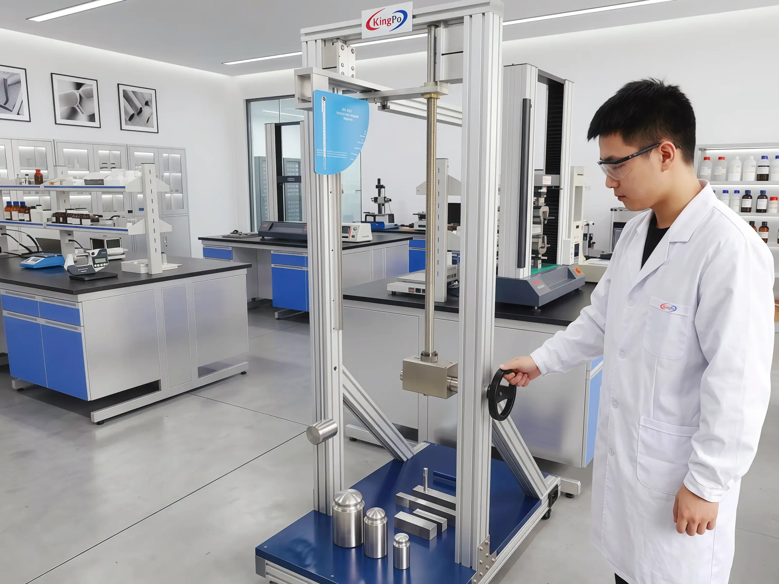 Pendulum Impact Hammer โ Laboratory Operator Performing IEC 60068-2-75 Enclosure Impact Test