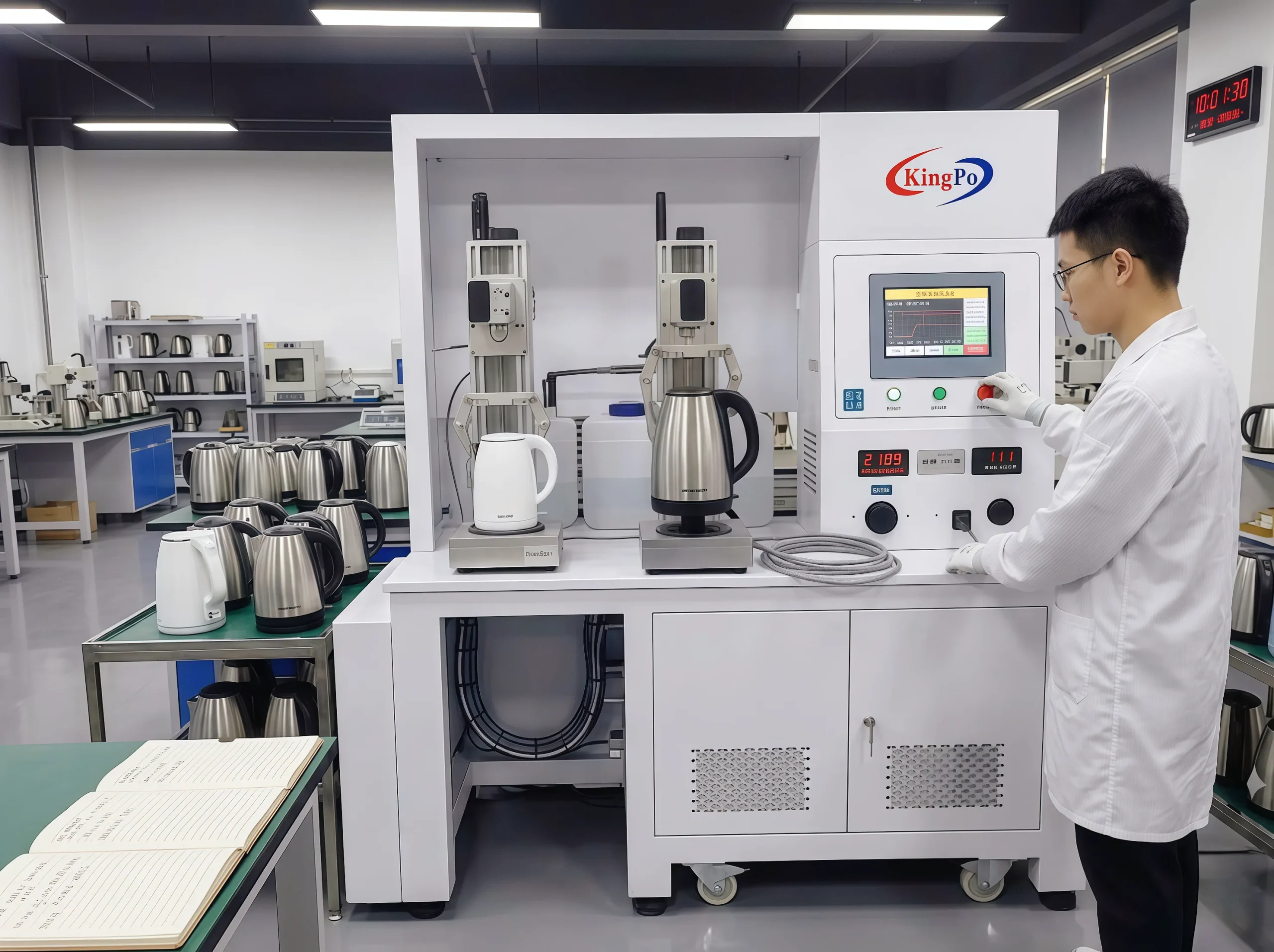 Cordless Kettle Insertion Withdrawal Tester โ Laboratory Operator Setting Up IEC 60335-2-15 Endurance Test on Cordless Kettle Base