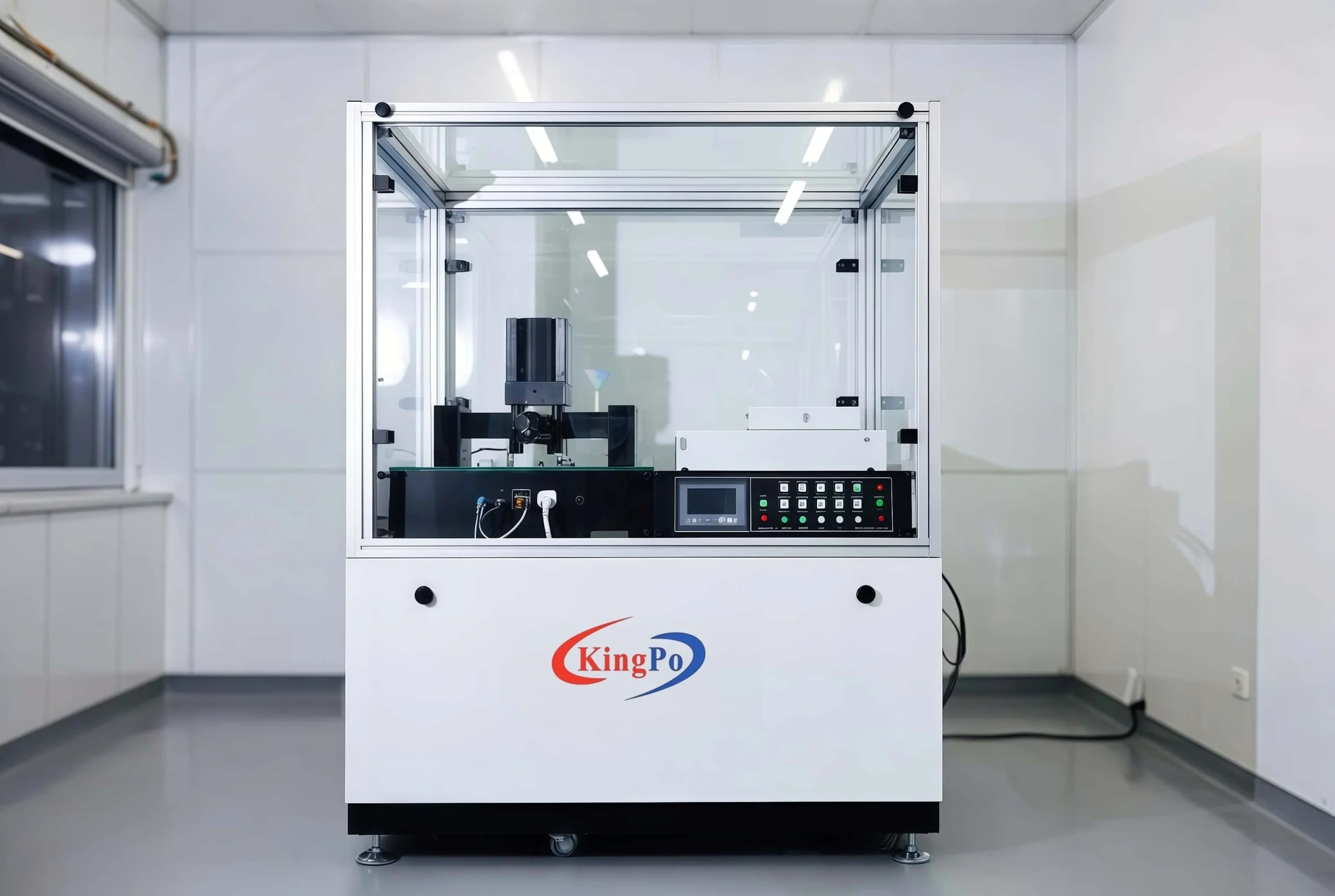 KingPo laser test equipment full enclosed cabinet with safety interlocks and KingPo branding.
