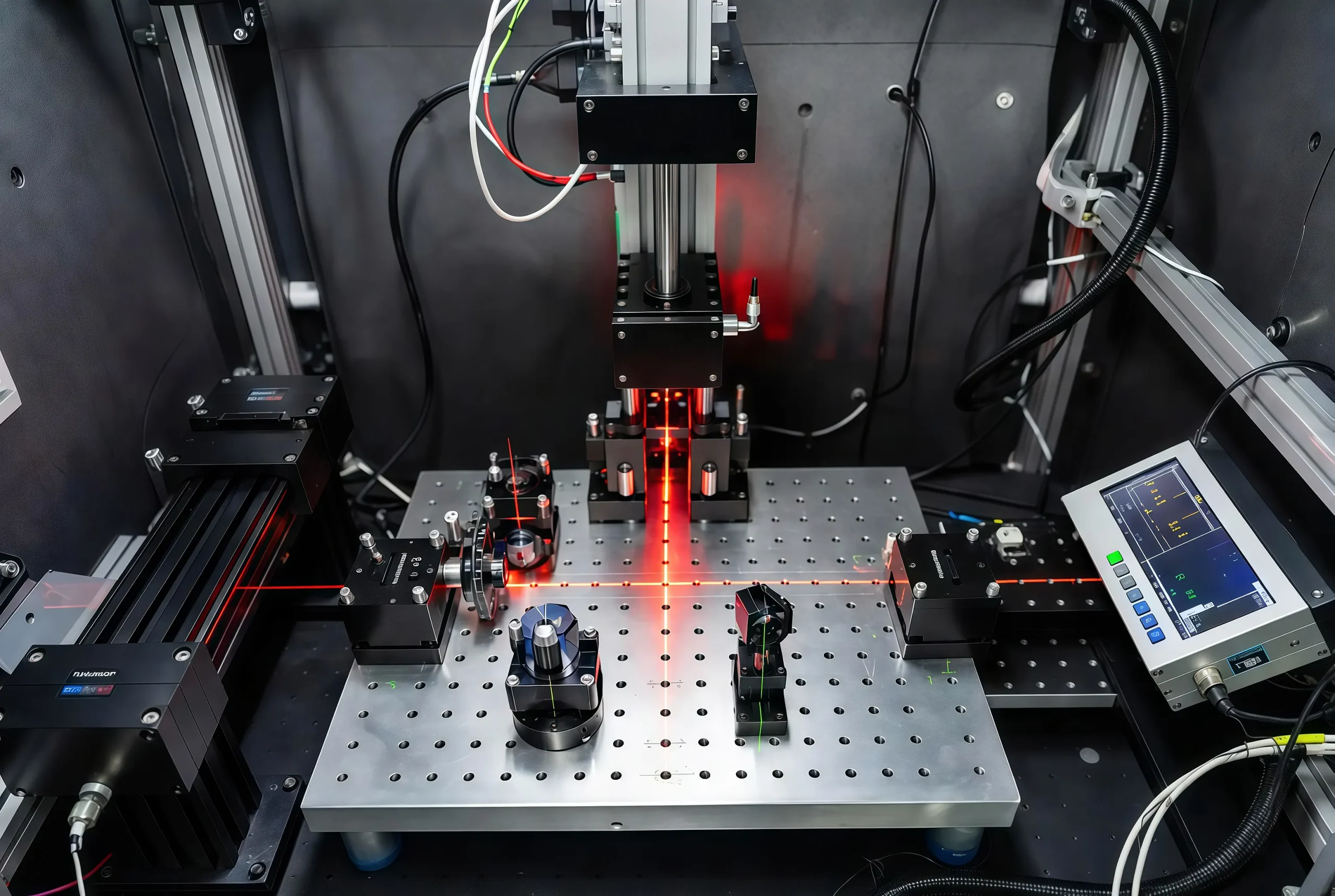 Laser beam profiling and alignment in progress on KingPo laser test equipment.
