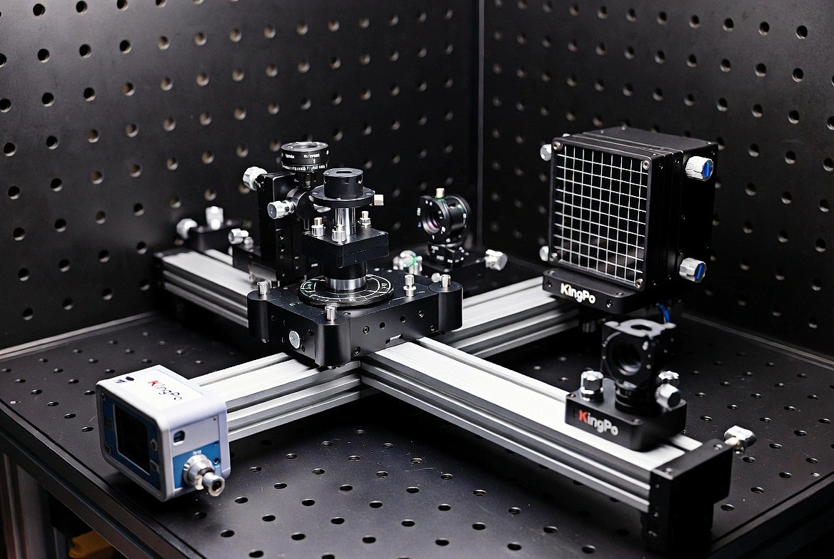 Detailed view of motorized stages, beam profiler and power meter on KingPo laser test equipment optical platform.