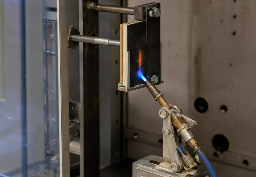 Glow Wire Test vs Insulation Resistance, Hipot and Needle Flame Tests: Key Differences 3 Needle flame test burner applying a small standardized flame to a material specimen according to IEC 60695-11-5