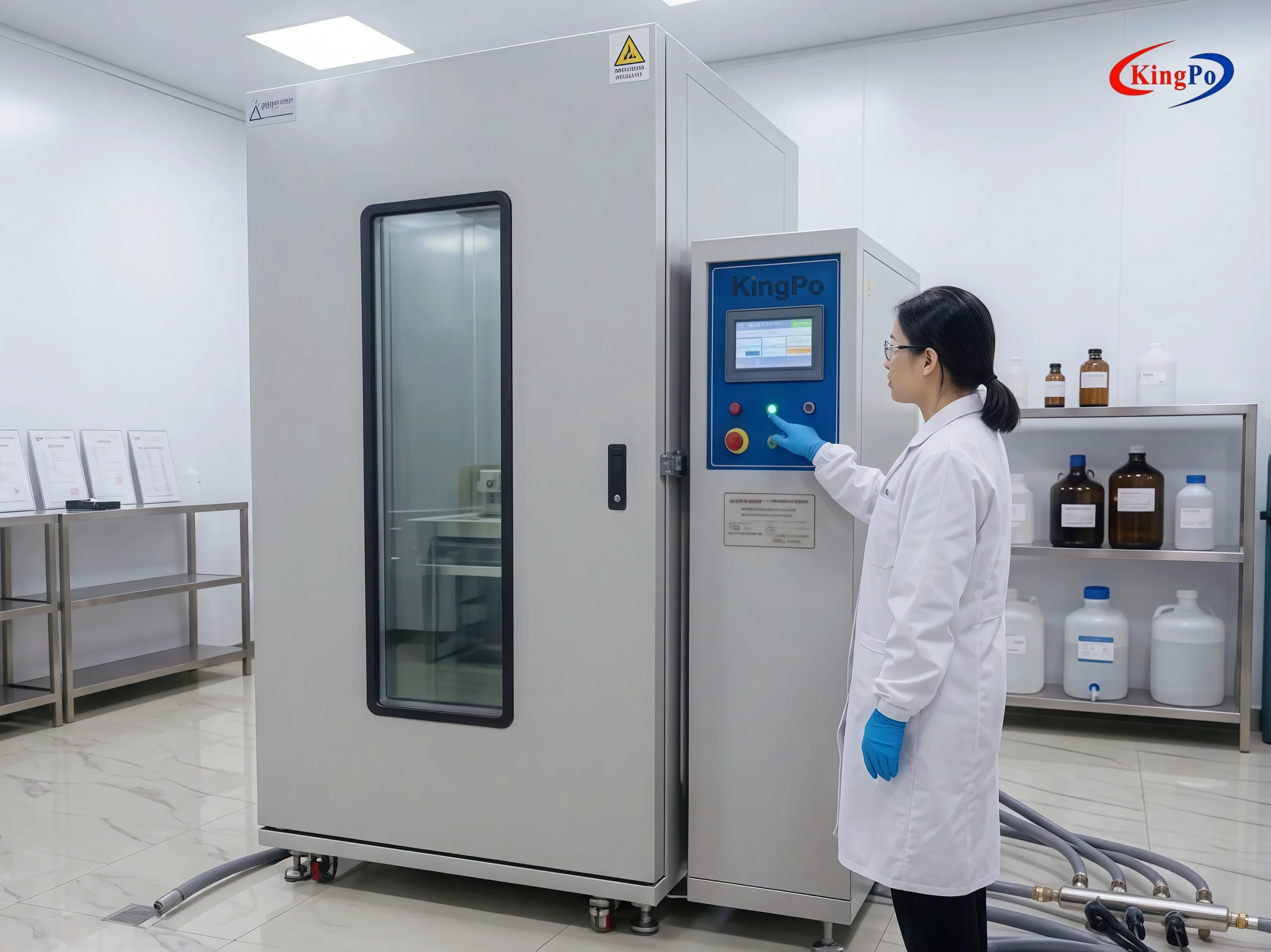 Rain Test Equipment Full Internal Chamber โ KingPo SUS304 Liner, Turntable and Multi-Module Setup for Comprehensive IPX1-IPX9K Rain Test per SAE J575 and JIS C 0920