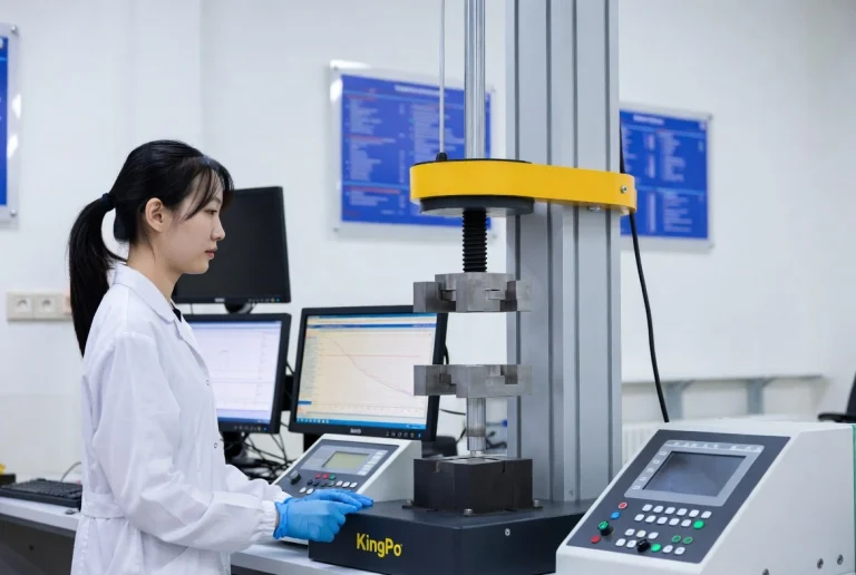 KingPo tensile strength testing machine in modern professional laboratory with researcher performing ASTM D638 test.
