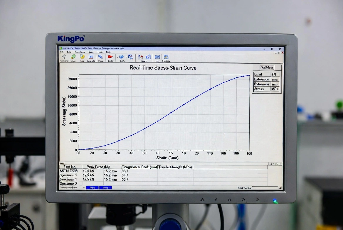 Real-time data monitoring screen of KingPo tensile strength testing machine showing ASTM D638 stress-strain curve and test results.