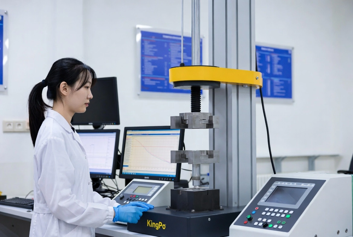KingPo tensile strength testing machine in modern professional laboratory with researcher performing ASTM D638 test.