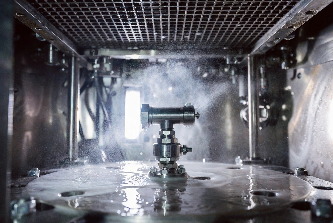 Precision spray system and test bench of KingPo LV 124 K-12 thermal shock test chamber for LV 124 ice water splash testing.