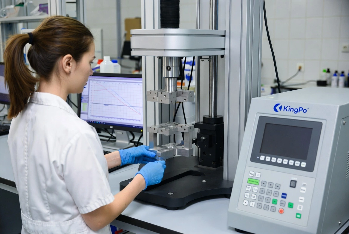 Full professional view of KingPo universal tensile strength testing machine with researcher conducting ASTM D638 test.