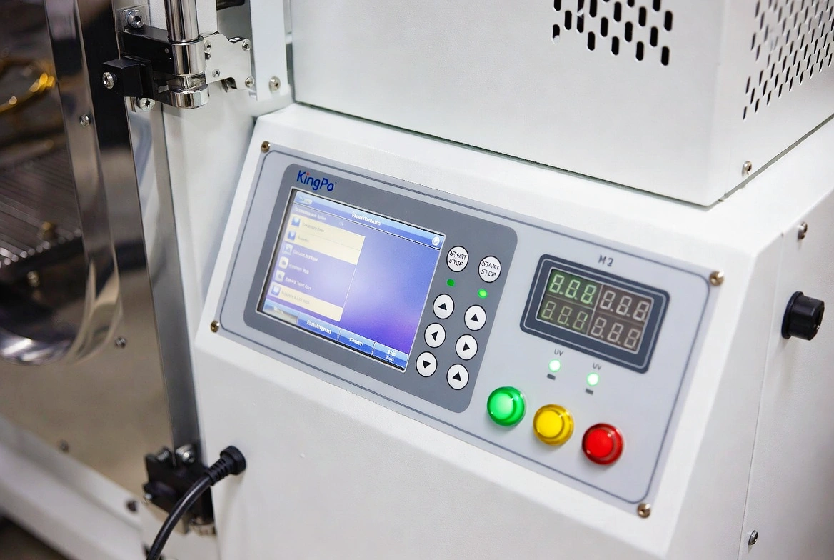 Close-up of KingPo UV Aging Test Chamber color LCD touchscreen and control interface.
