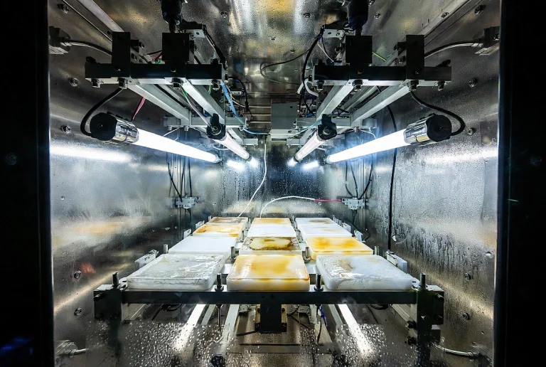 KingPo UV Aging Test Chamber during active accelerated weathering test with specimens inside.